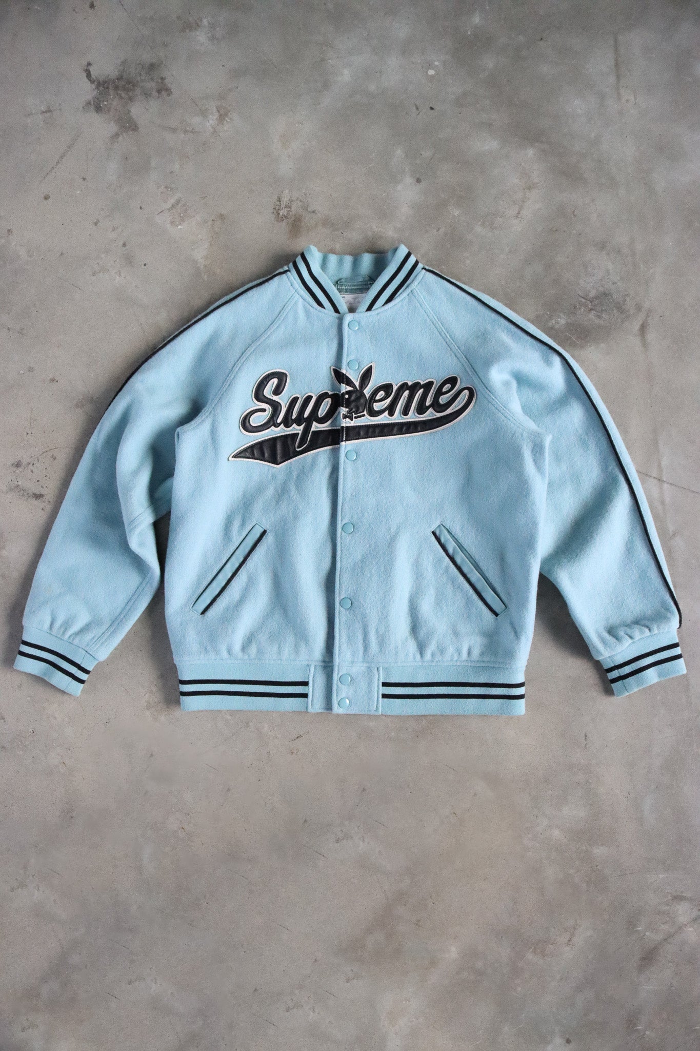 Supreme Playboy Leather Logo Varsity Jacket Baby Blue